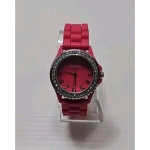 Geneva Wrist Watch Pink Silicone Buckle Band Rhinestone Jeweled New Battery